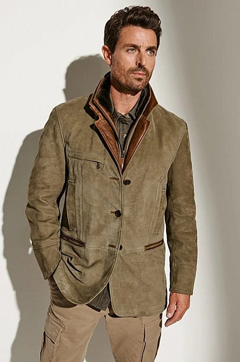 Mens Suede Jacket with Zip Front and Insulated Lining for Fall Winter