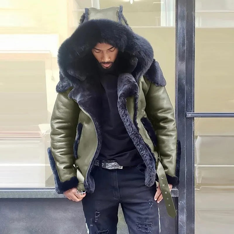 Men’s Faux Leather Jacket with Faux Fur Hood and Lining