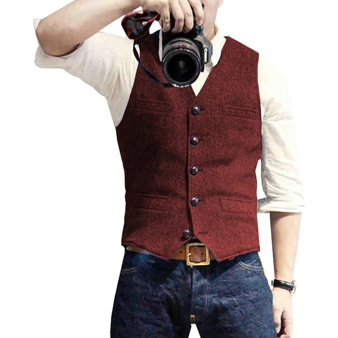 Mens Button Front Vest with Dual Pockets and Wool Blend Fabric