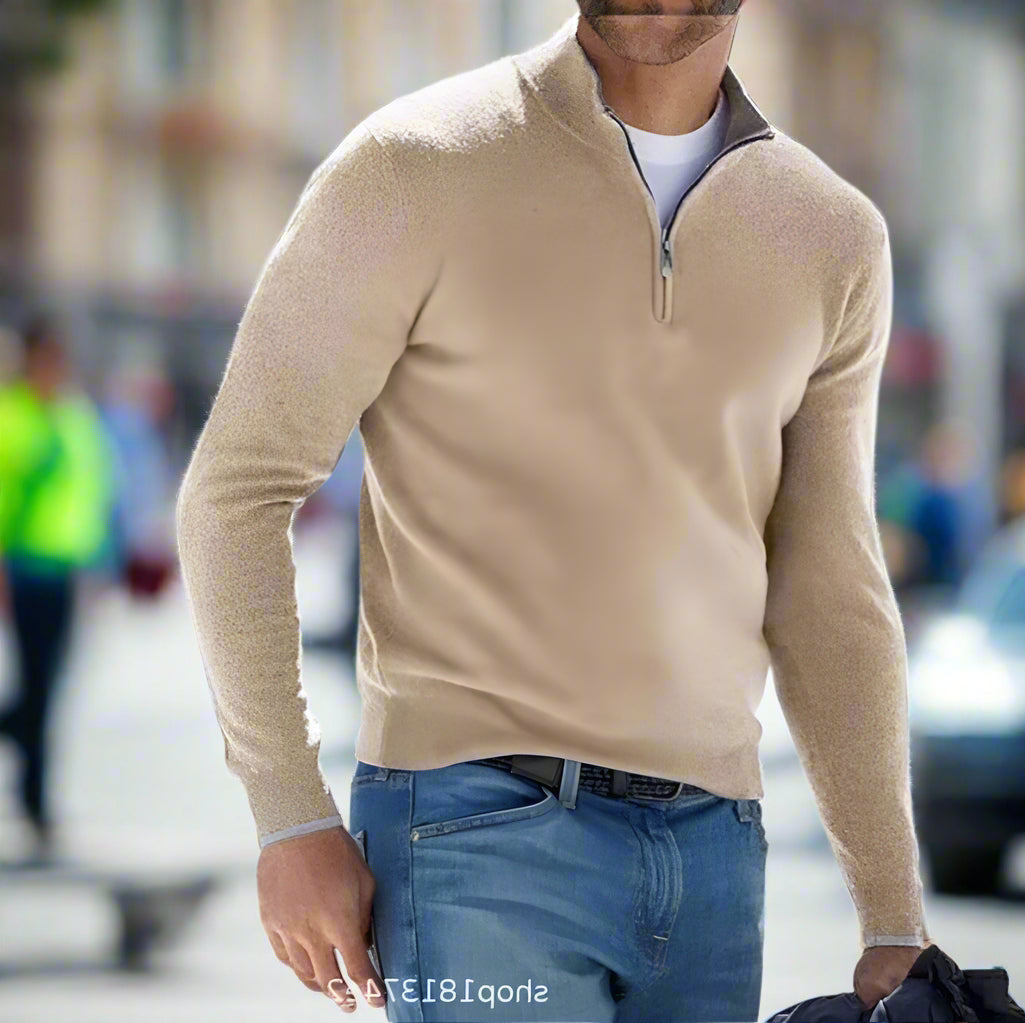 Mens Quarter Zip Sweater with Soft Knit and Ribbed Cuffs, Breathable Polyester
