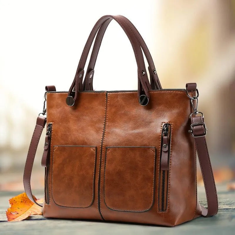 Zippered Handbag with Multiple Compartments and Organized Interior Sections