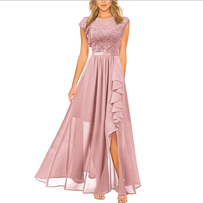 Lace Maxi Dress with Round Neckline and Short Sleeves, Ruffle Trim