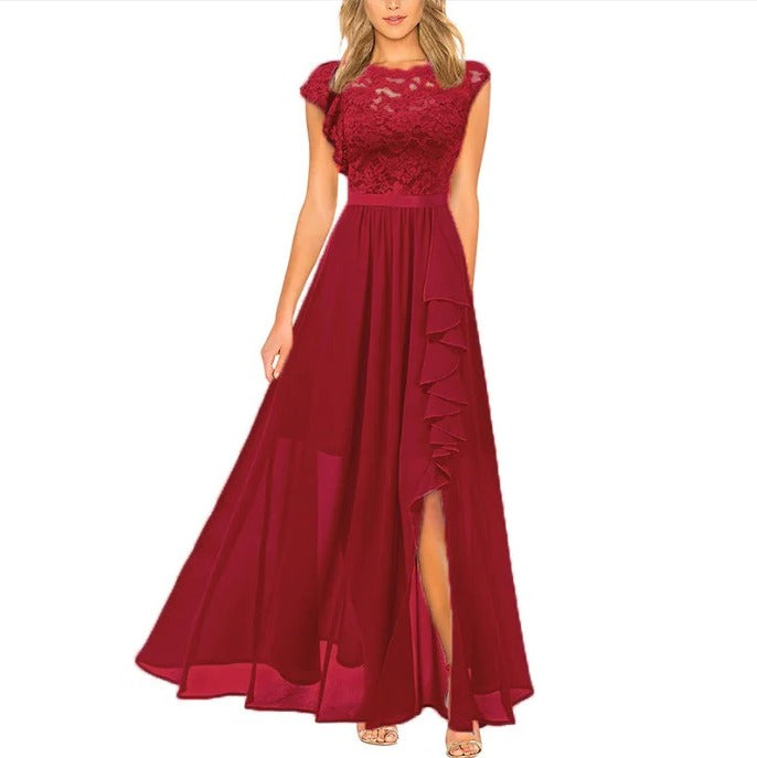 Lace Maxi Dress with Round Neckline and Short Sleeves, Ruffle Trim