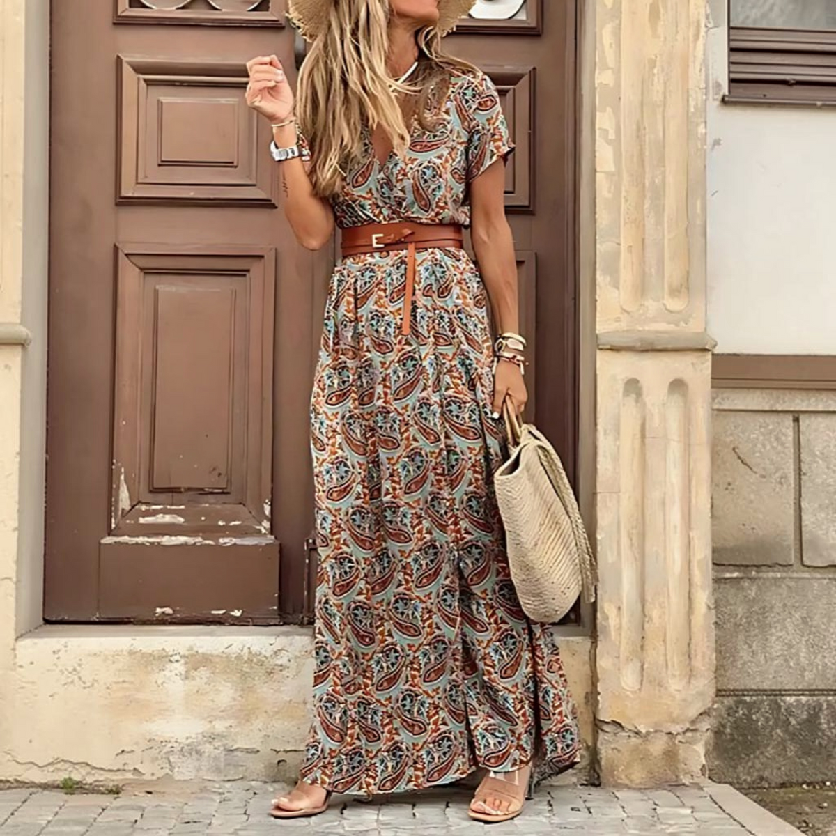 Boho Maxi Dress with Gathered Waist and Matching Belt, Lightweight Breathable Fabric