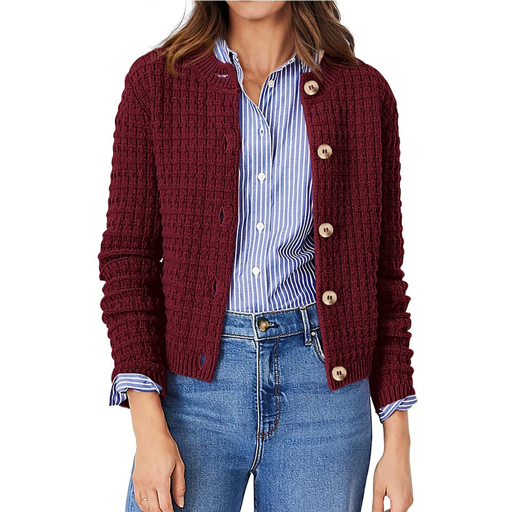 Womens Button Front Cardigan with Long Sleeves and Crewneck, Knit Cotton