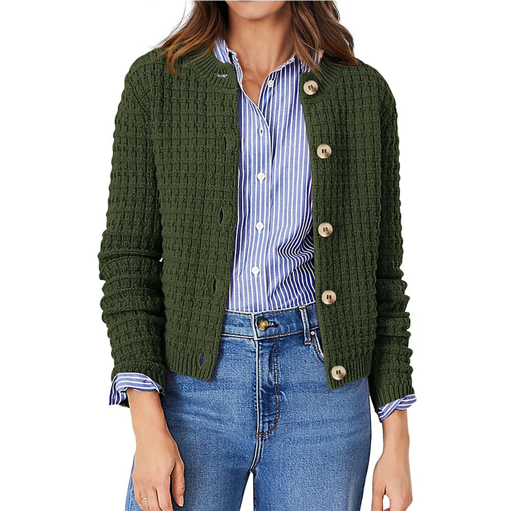 Womens Button Front Cardigan with Long Sleeves and Crewneck, Knit Cotton