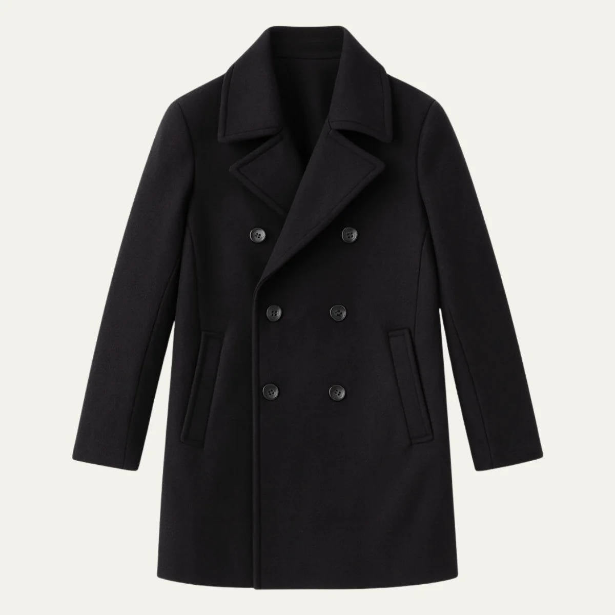 Black Wool Look Peacoat with Double Breasted Closure and Wide Notch Lapels for Men