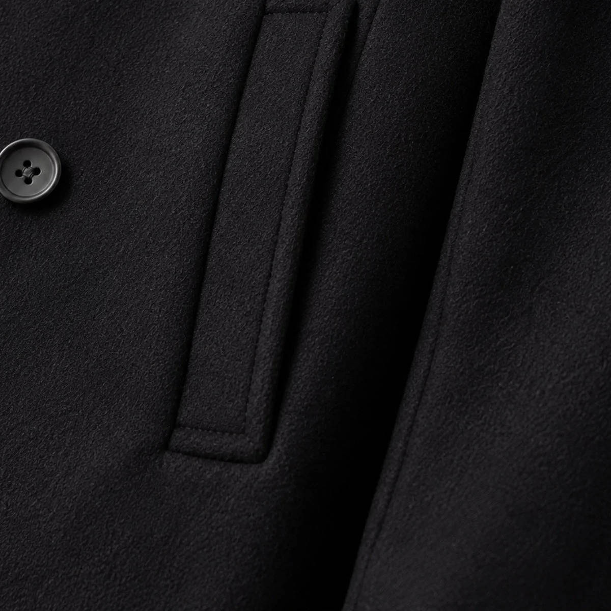 Black Wool Look Peacoat with Double Breasted Closure and Wide Notch Lapels for Men