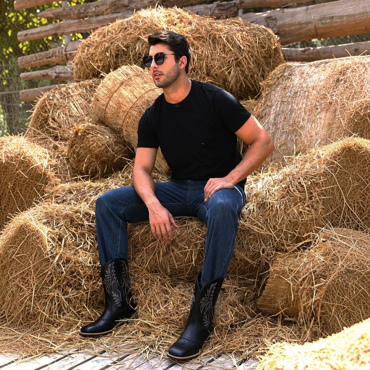 Cowboy Boots for Men with Flame Stitch and Tall Pull on Shaft, Traction Outsole
