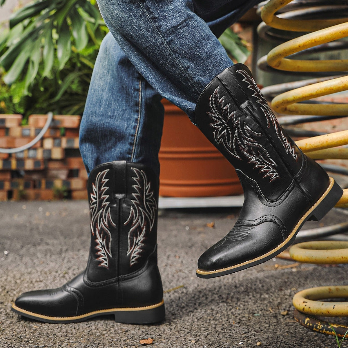 Cowboy Boots for Men with Flame Stitch and Tall Pull on Shaft, Traction Outsole