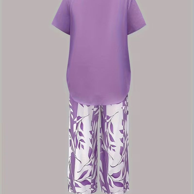 Leaf Print Two Piece Set with Short Sleeve Top and Elastic Waist Pants