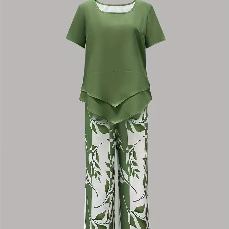 Leaf Print Two Piece Set with Short Sleeve Top and Elastic Waist Pants