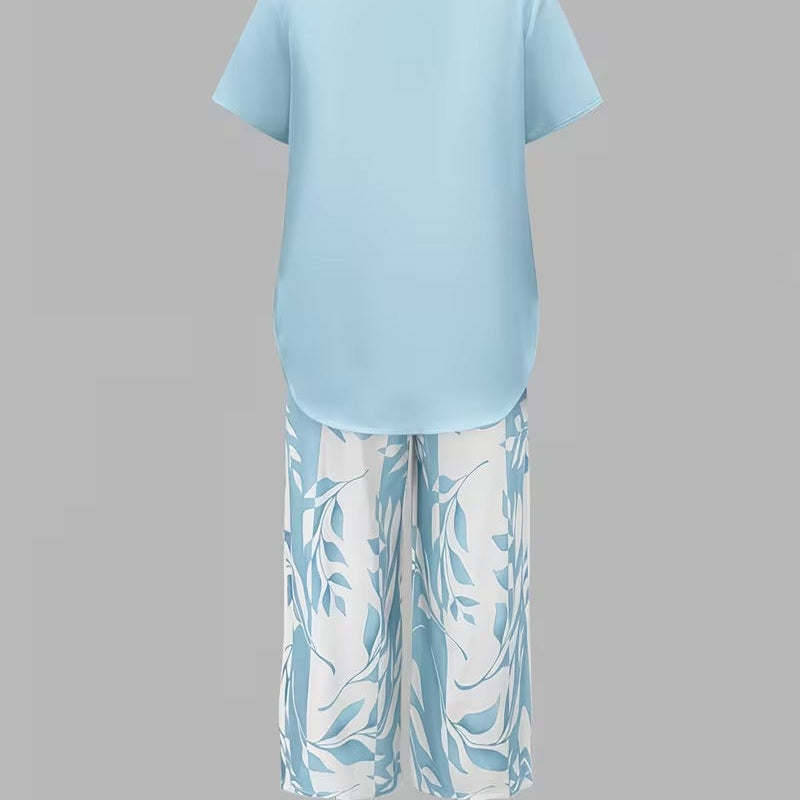 Leaf Print Two Piece Set with Short Sleeve Top and Elastic Waist Pants