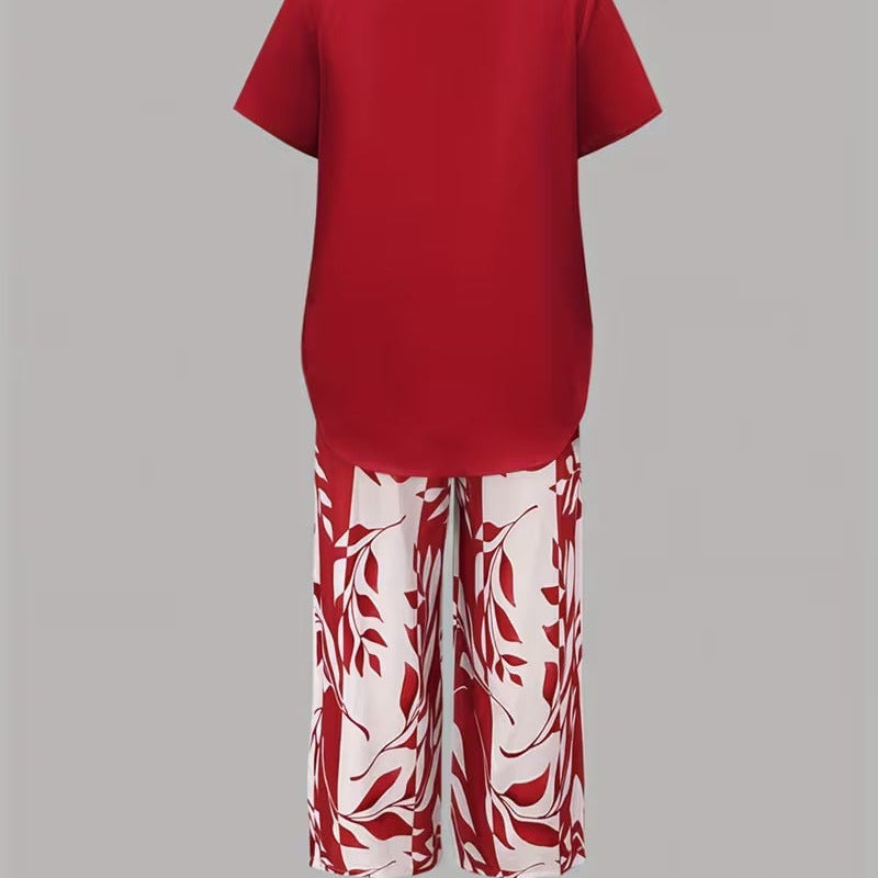 Leaf Print Two Piece Set with Short Sleeve Top and Elastic Waist Pants
