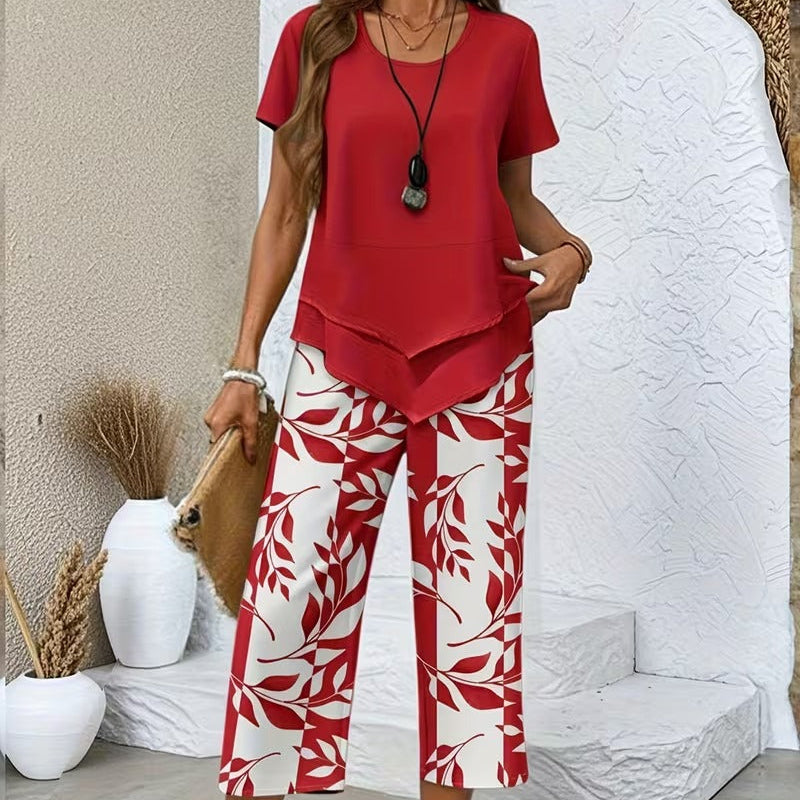 Leaf Print Two Piece Set with Short Sleeve Top and Elastic Waist Pants
