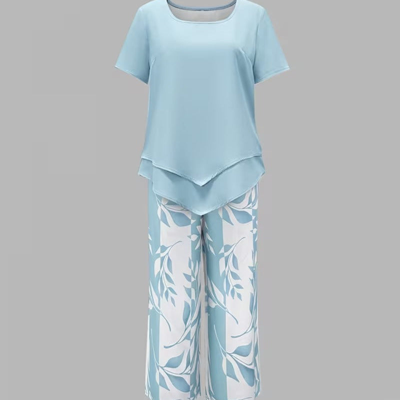 Leaf Print Two Piece Set with Short Sleeve Top and Elastic Waist Pants
