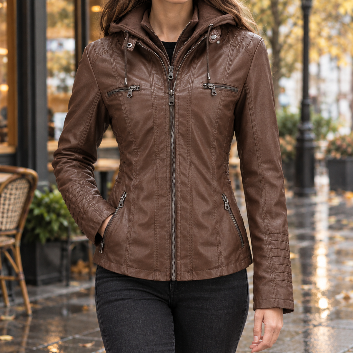 Womens faux leather hooded jacket - Coffee