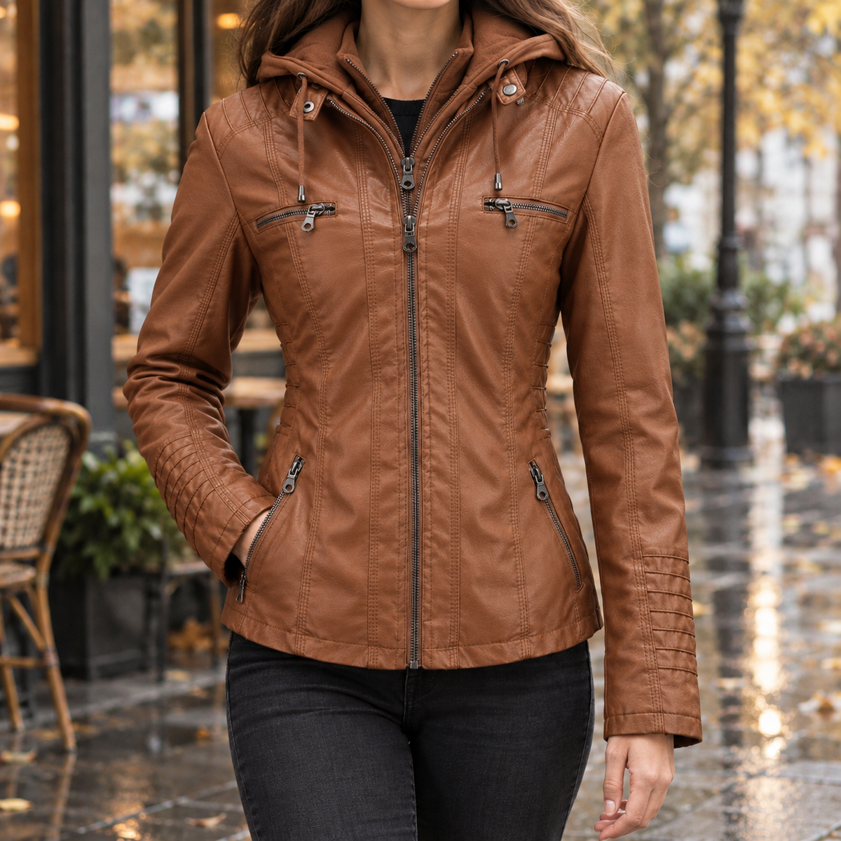 Womens faux leather hooded jacket - Camel