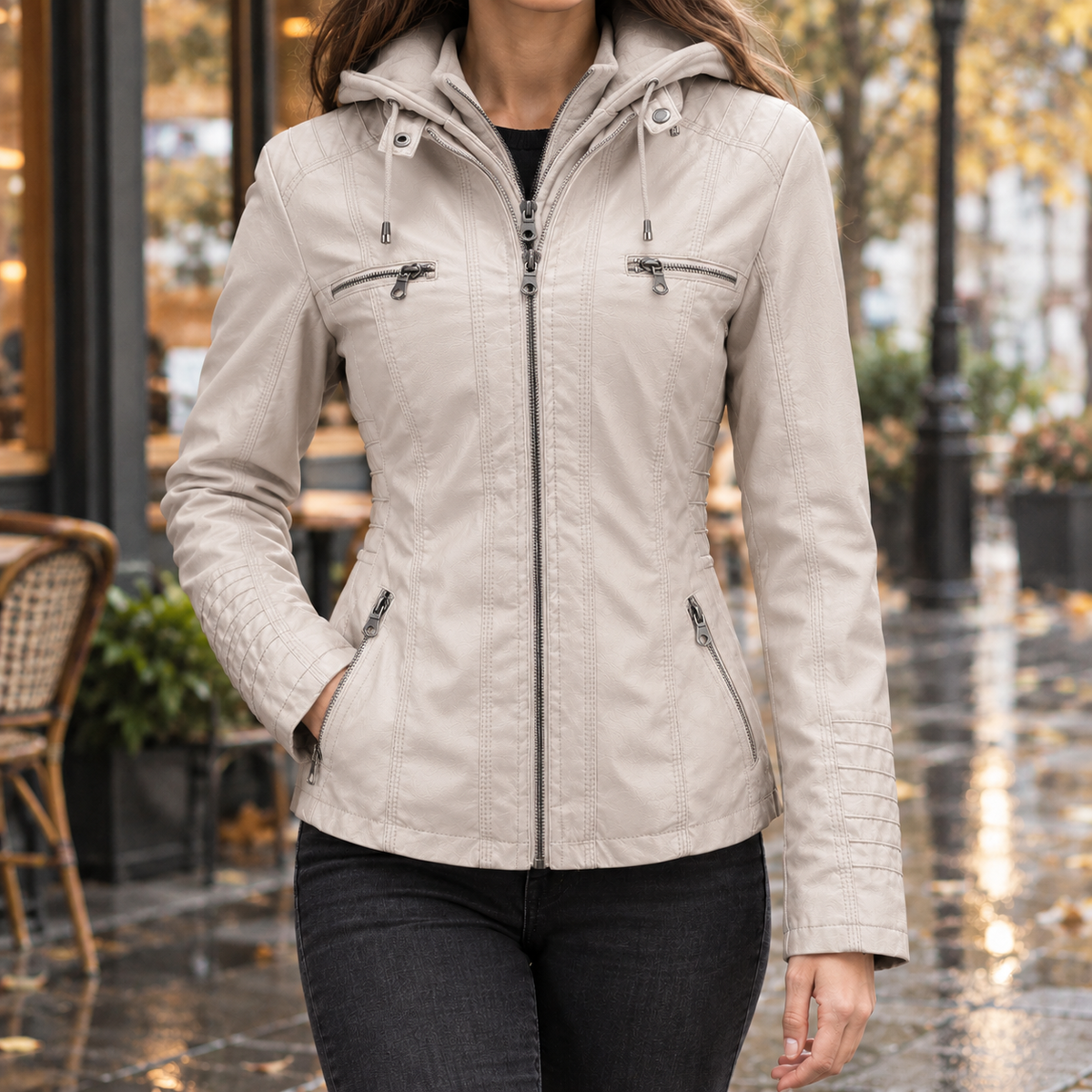 Womens faux leather hooded jacket - Off White