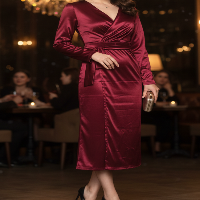 Burgundy Wrap Maxi Dress by Lumina Wear, featuring a stylish wrap design, long sleeves, and flowing fabric, displayed on a model.