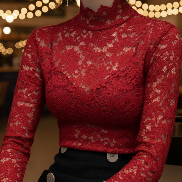 Black floral lace high neck blouse by Lumina Wear, featuring intricate lace details and a stylish high neckline.