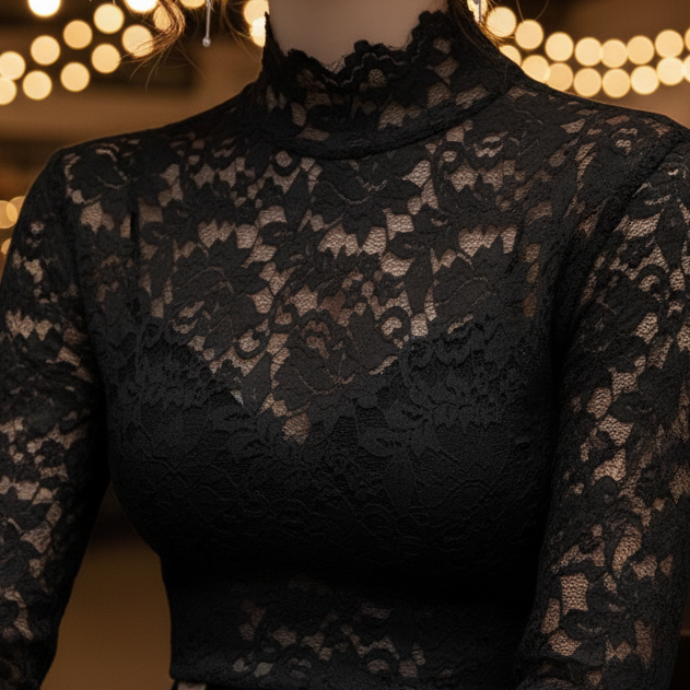 Black floral lace high-neck blouse by Lumina Wear, showcasing intricate lace detail and elegant high neckline.