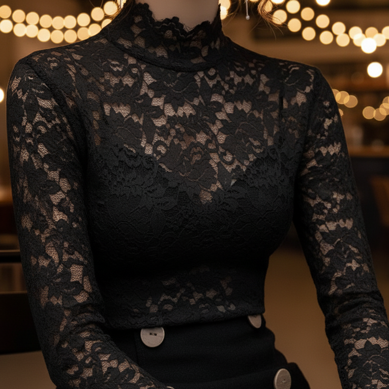 Black floral lace high neck blouse from Lumina Wear's Isabelle collection, featuring delicate lace and elegant high neckline.