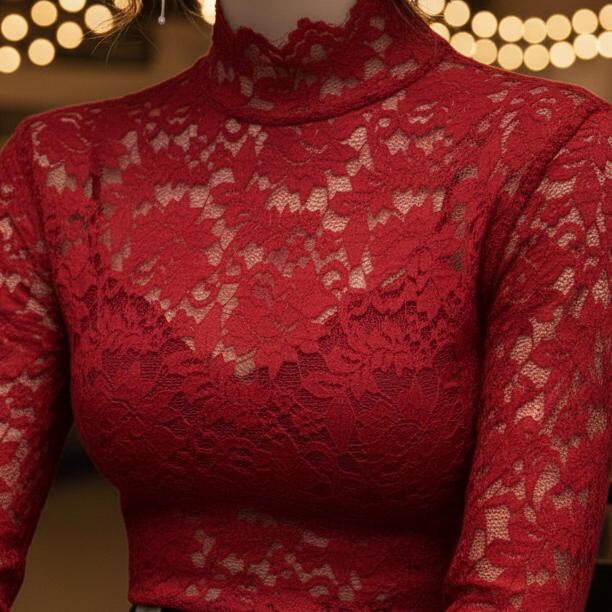 Black floral lace high neck blouse by Lumina Wear, featuring delicate lace details and a sophisticated high neckline.