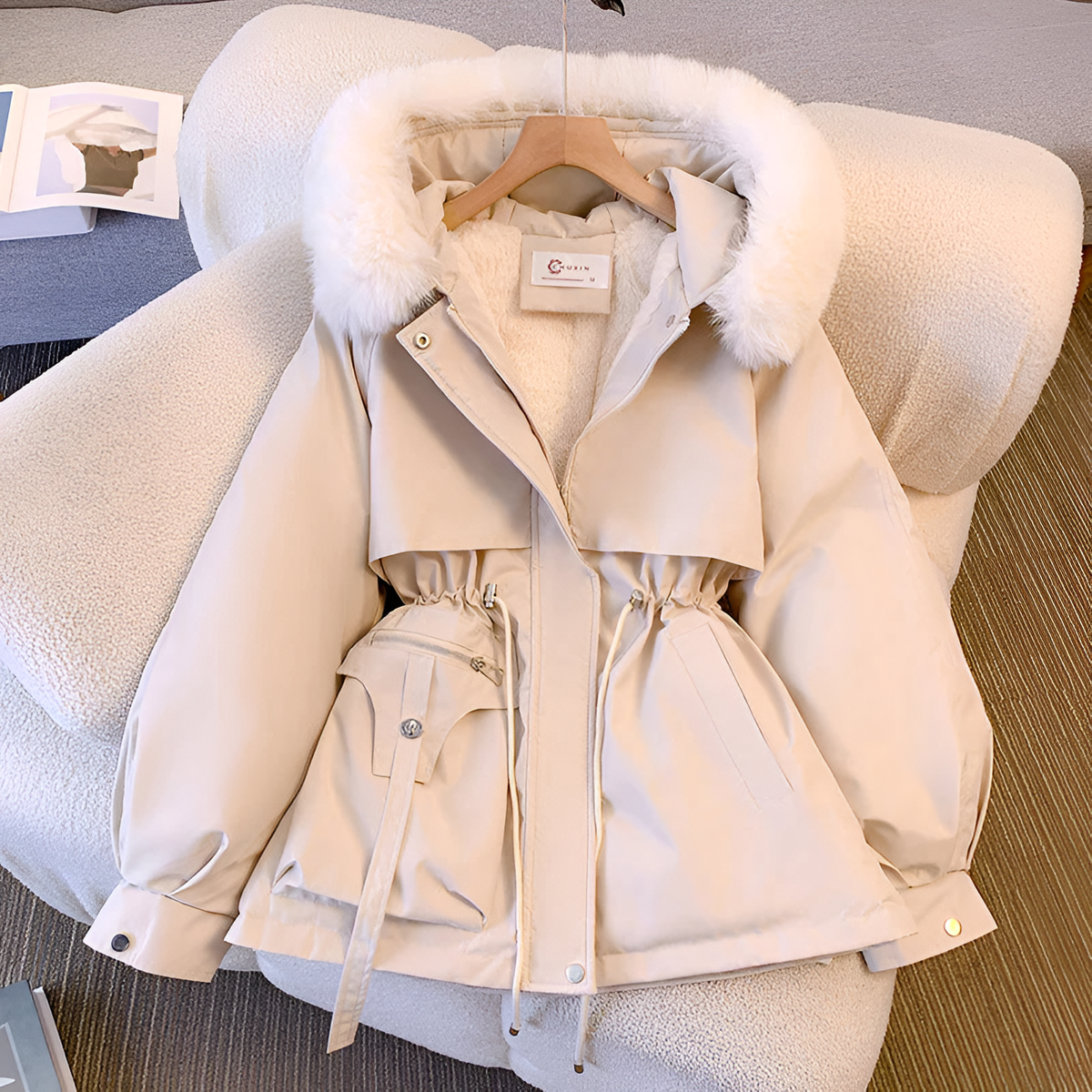 Womens Winter Coat with Plush Faux Fur Collar and Adjustable Drawstring Waist, Pockets