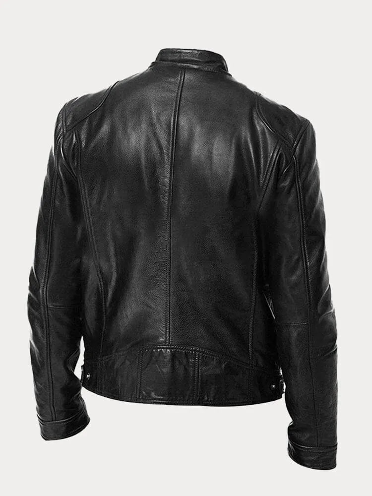 Faux Leather Jacket with Metal Front Zipper and Fitted Cuffs, Stand Collar