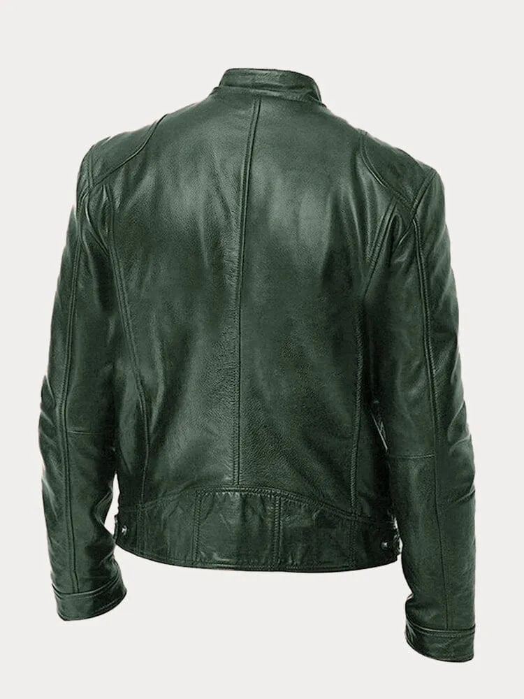 Faux Leather Jacket with Metal Front Zipper and Fitted Cuffs, Stand Collar
