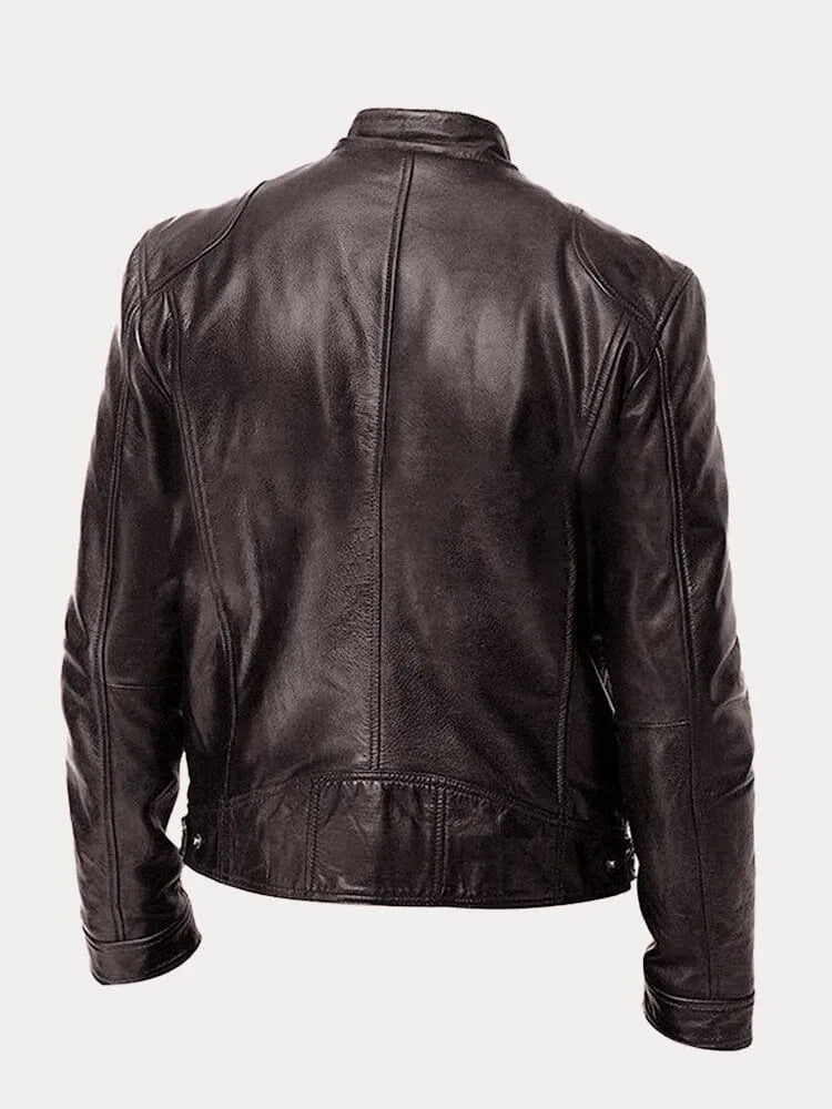 Faux Leather Jacket with Metal Front Zipper and Fitted Cuffs, Stand Collar