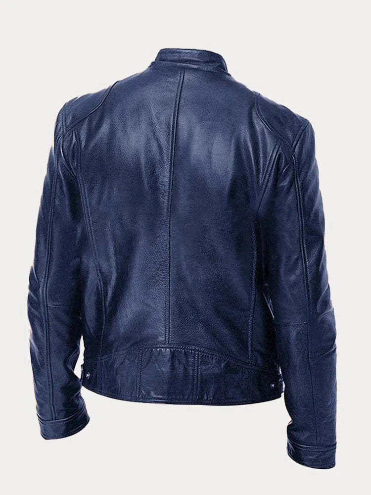 Faux Leather Jacket with Metal Front Zipper and Fitted Cuffs, Stand Collar