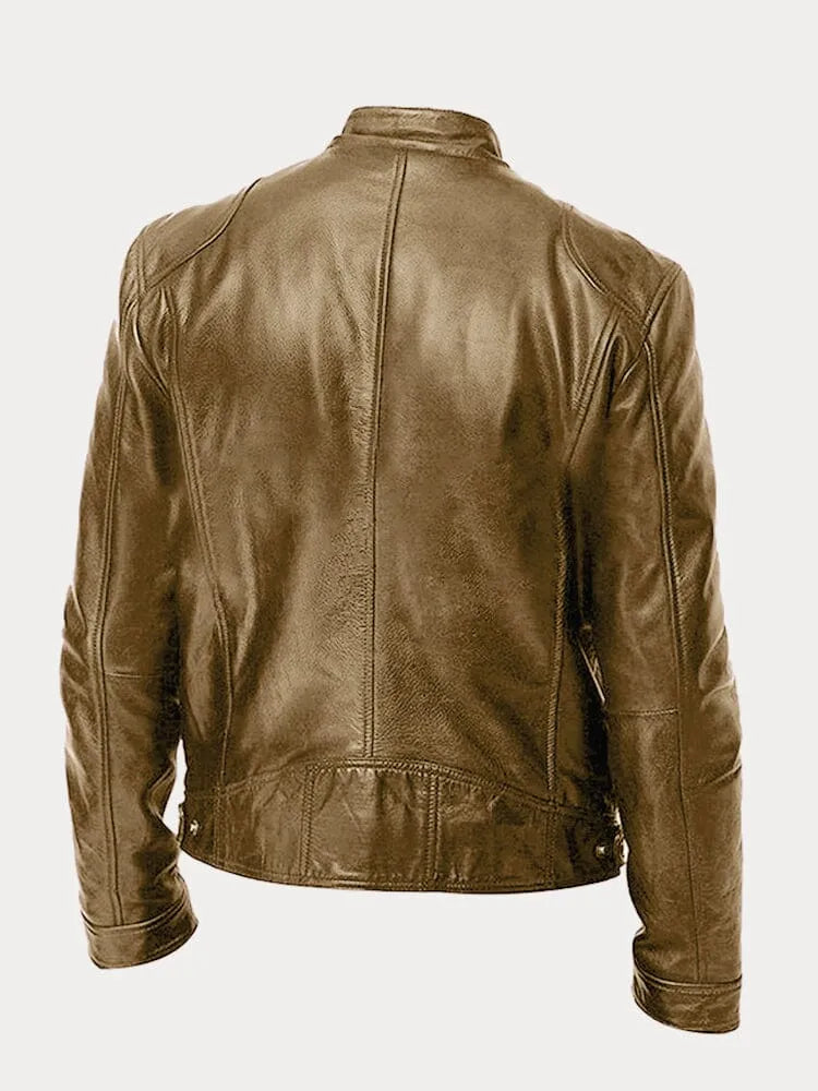 Faux Leather Jacket with Metal Front Zipper and Fitted Cuffs, Stand Collar