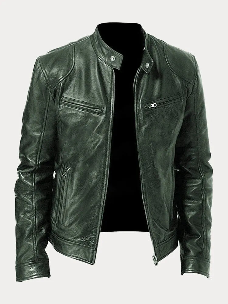 Faux Leather Jacket with Metal Front Zipper and Fitted Cuffs, Stand Collar