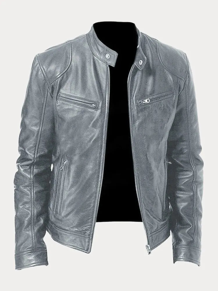 Faux Leather Jacket with Metal Front Zipper and Fitted Cuffs, Stand Collar