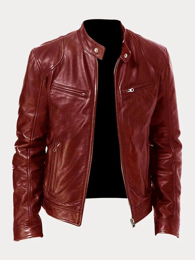 Faux Leather Jacket with Metal Front Zipper and Fitted Cuffs, Stand Collar