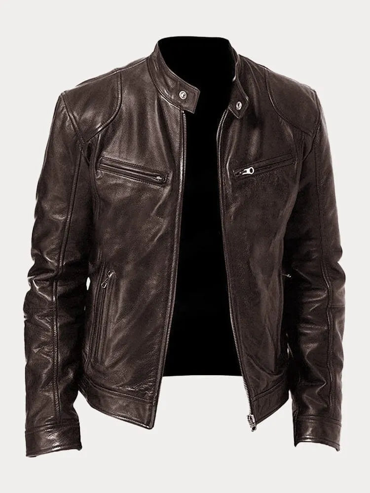 Faux Leather Jacket with Metal Front Zipper and Fitted Cuffs, Stand Collar