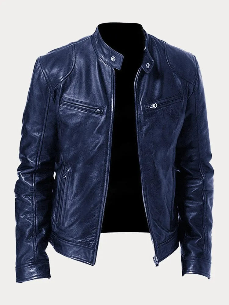 Faux Leather Jacket with Metal Front Zipper and Fitted Cuffs, Stand Collar