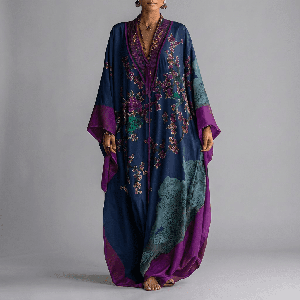 Floral Maxi Dress with Batwing Sleeves and Side Pockets - Plum Blossom Print