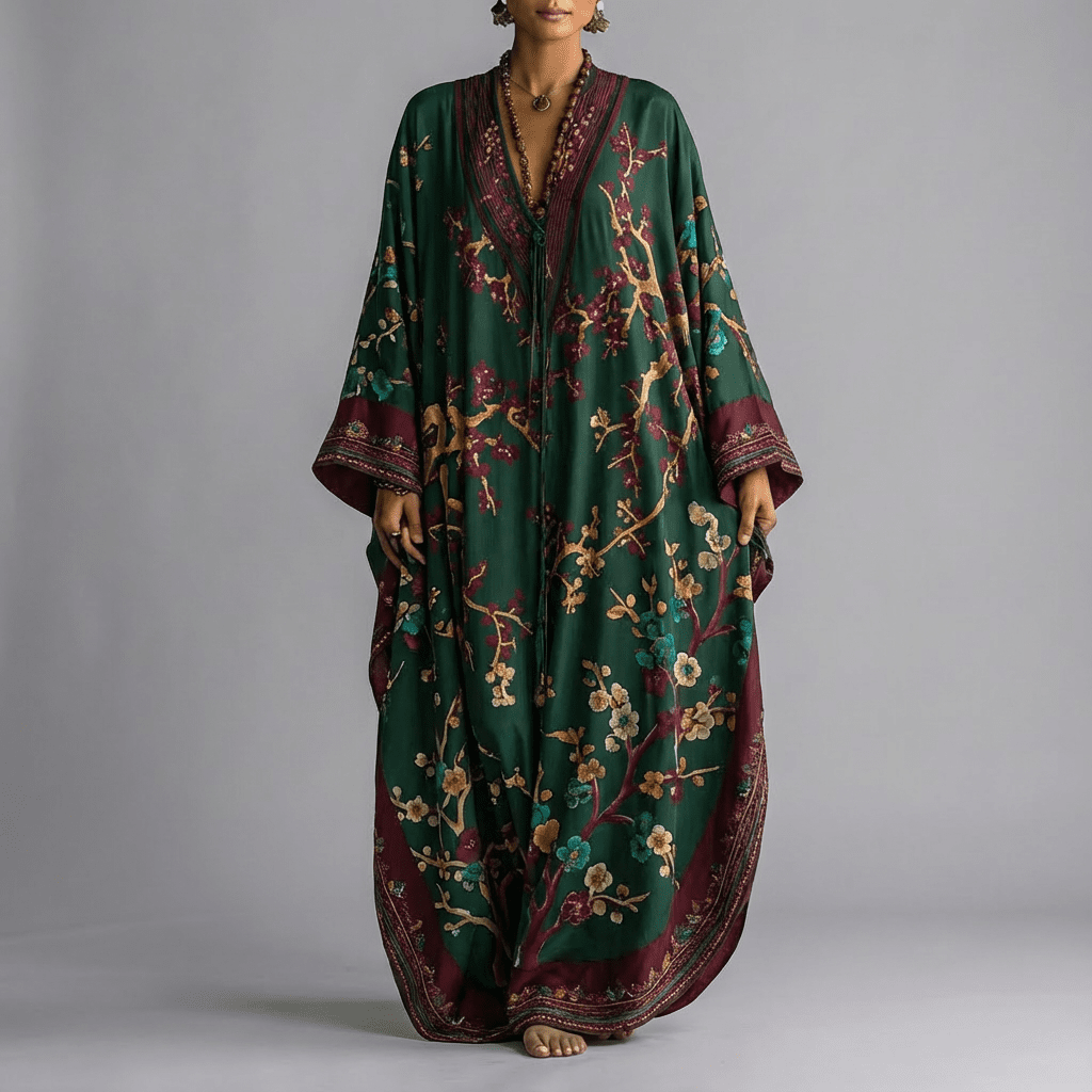 Floral Maxi Dress with Batwing Sleeves and Side Pockets - Plum Blossom Print