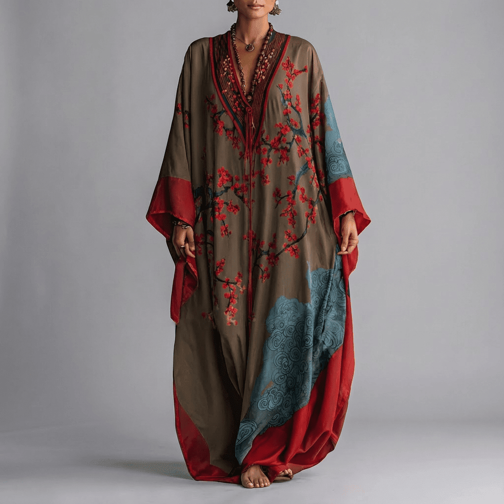 Floral Maxi Dress with Batwing Sleeves and Side Pockets - Plum Blossom Print