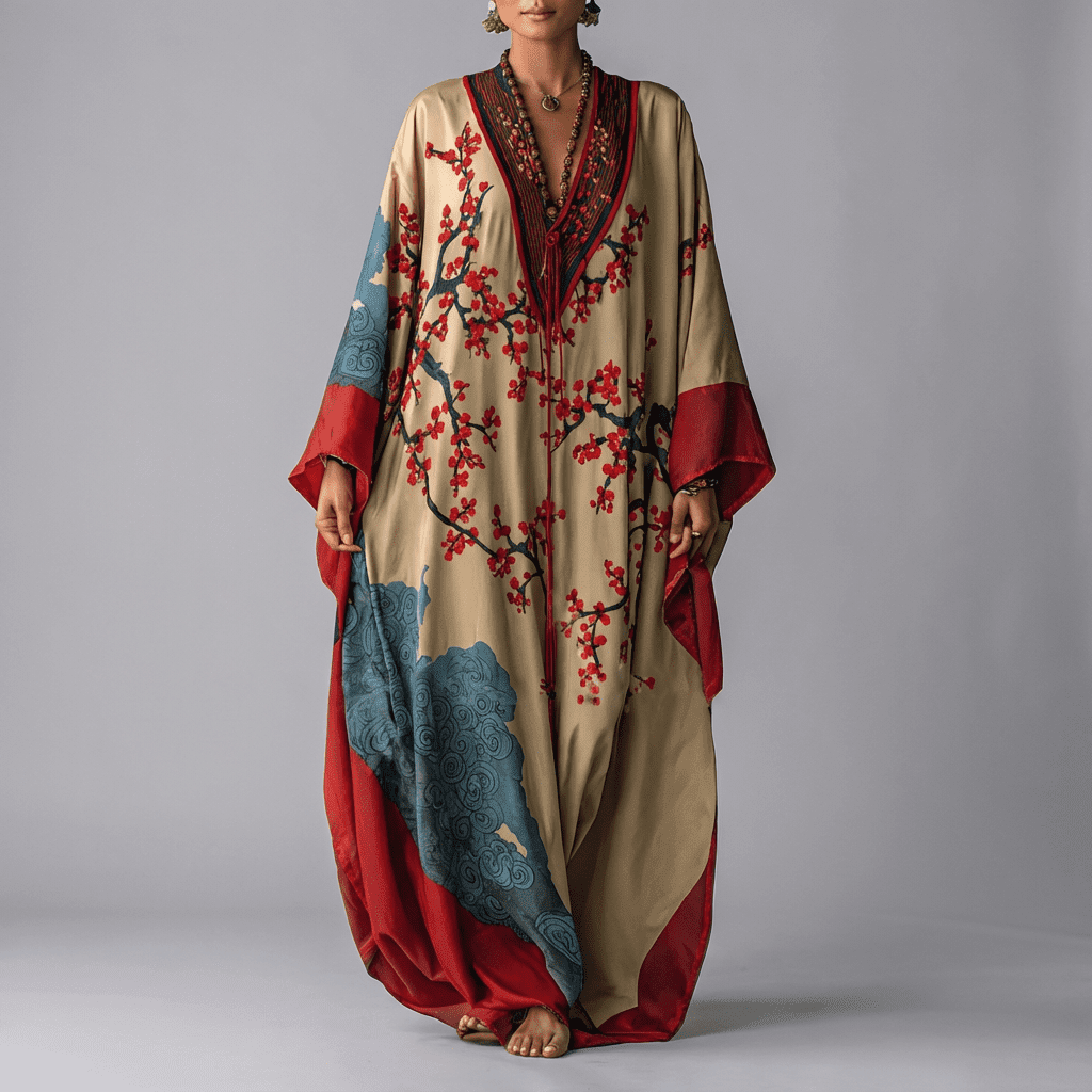 Floral Maxi Dress with Batwing Sleeves and Side Pockets - Plum Blossom Print