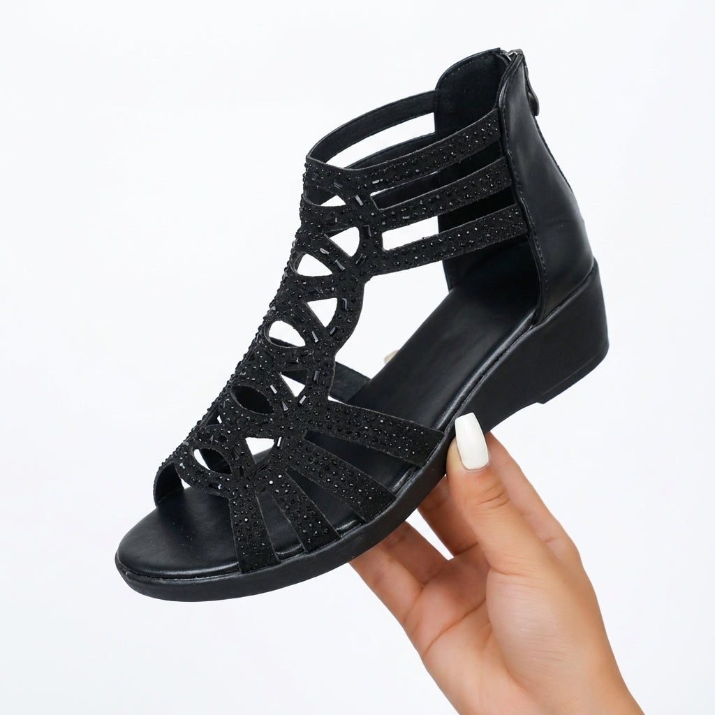 Womens Wedge Sandals with Side Zipper and Open Toe