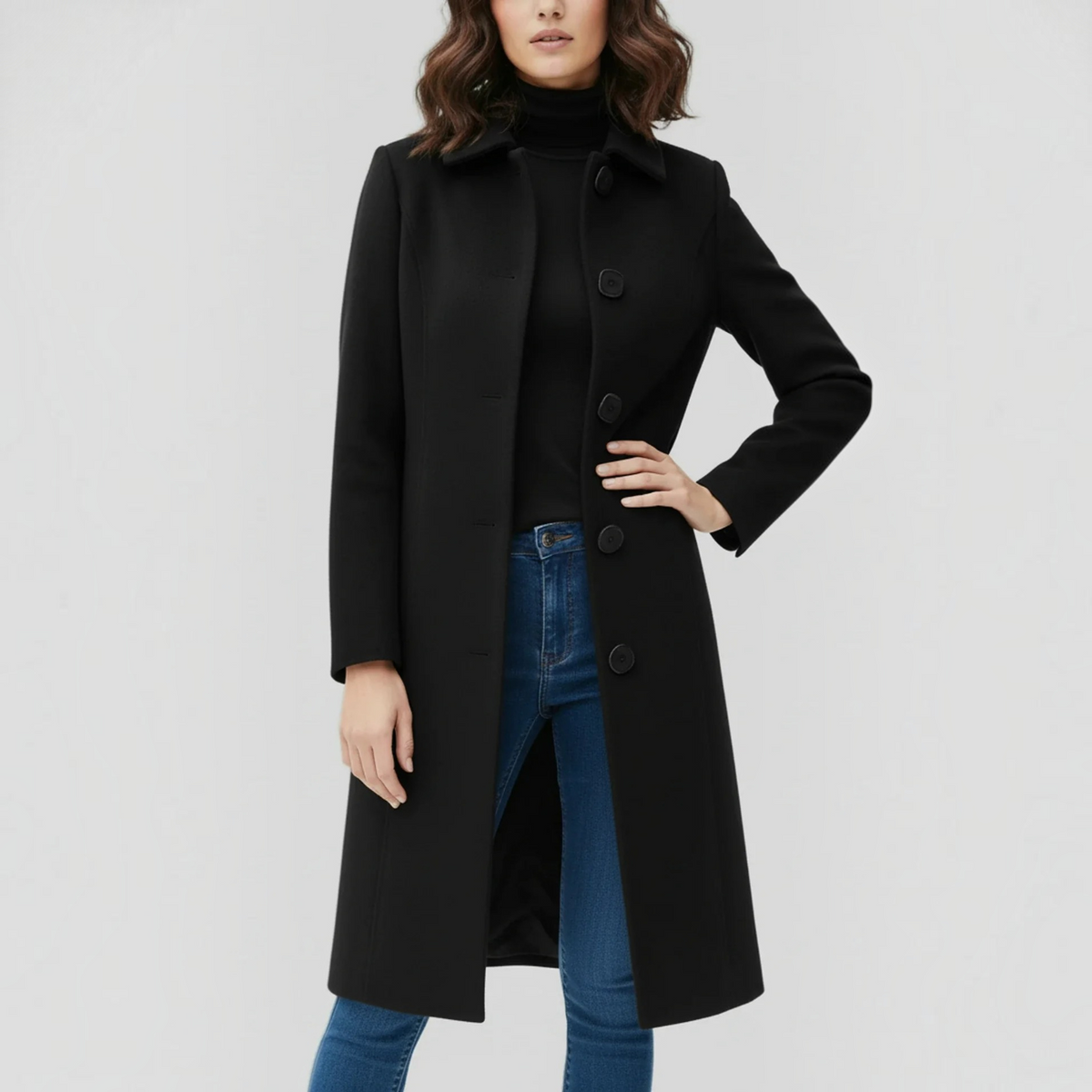 Womens Winter Trench Coat with Button Front and Flared Hem, Machine Washable