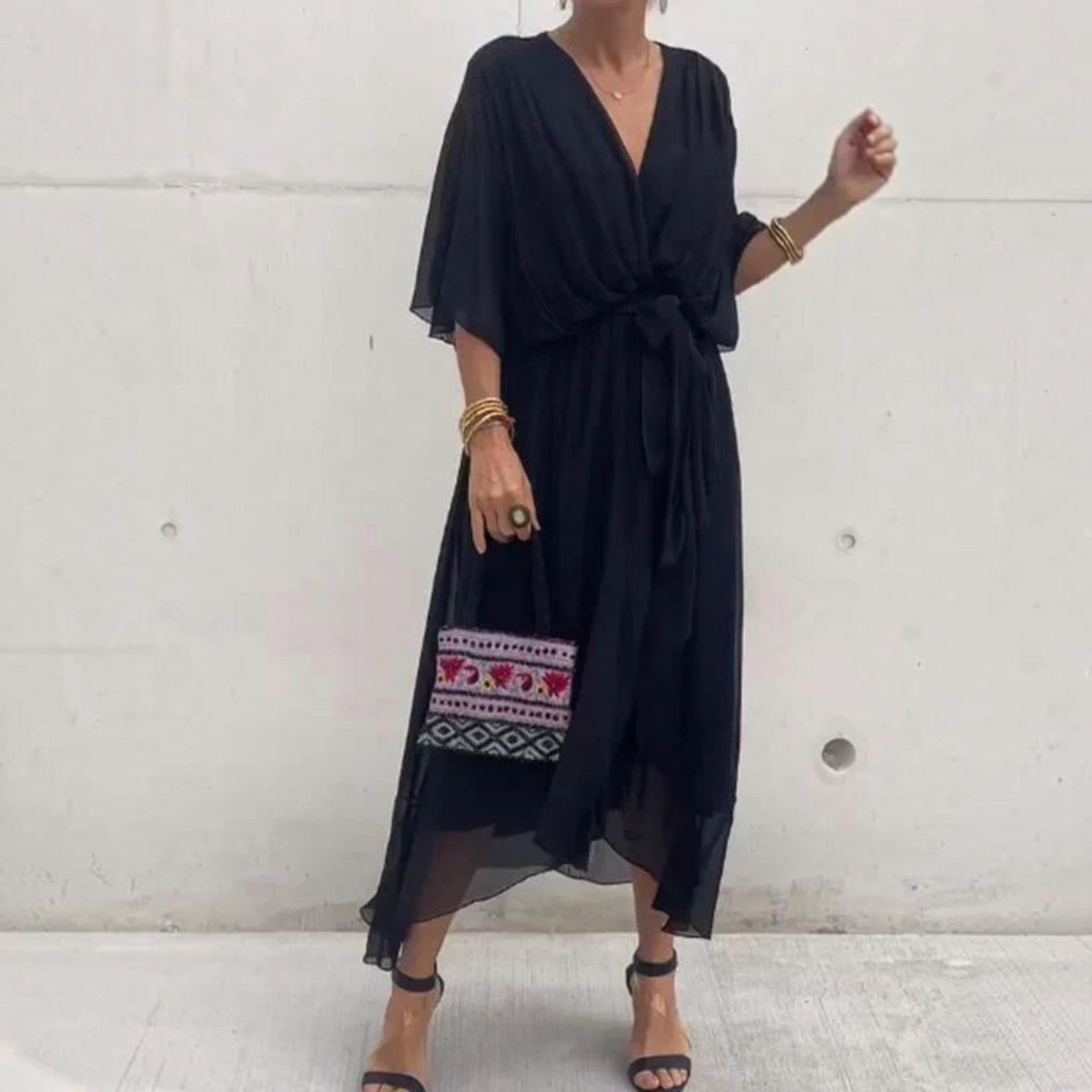 Silk V-Neck Dress with Light Muslin and Relaxed A-Line, for Day or Evening