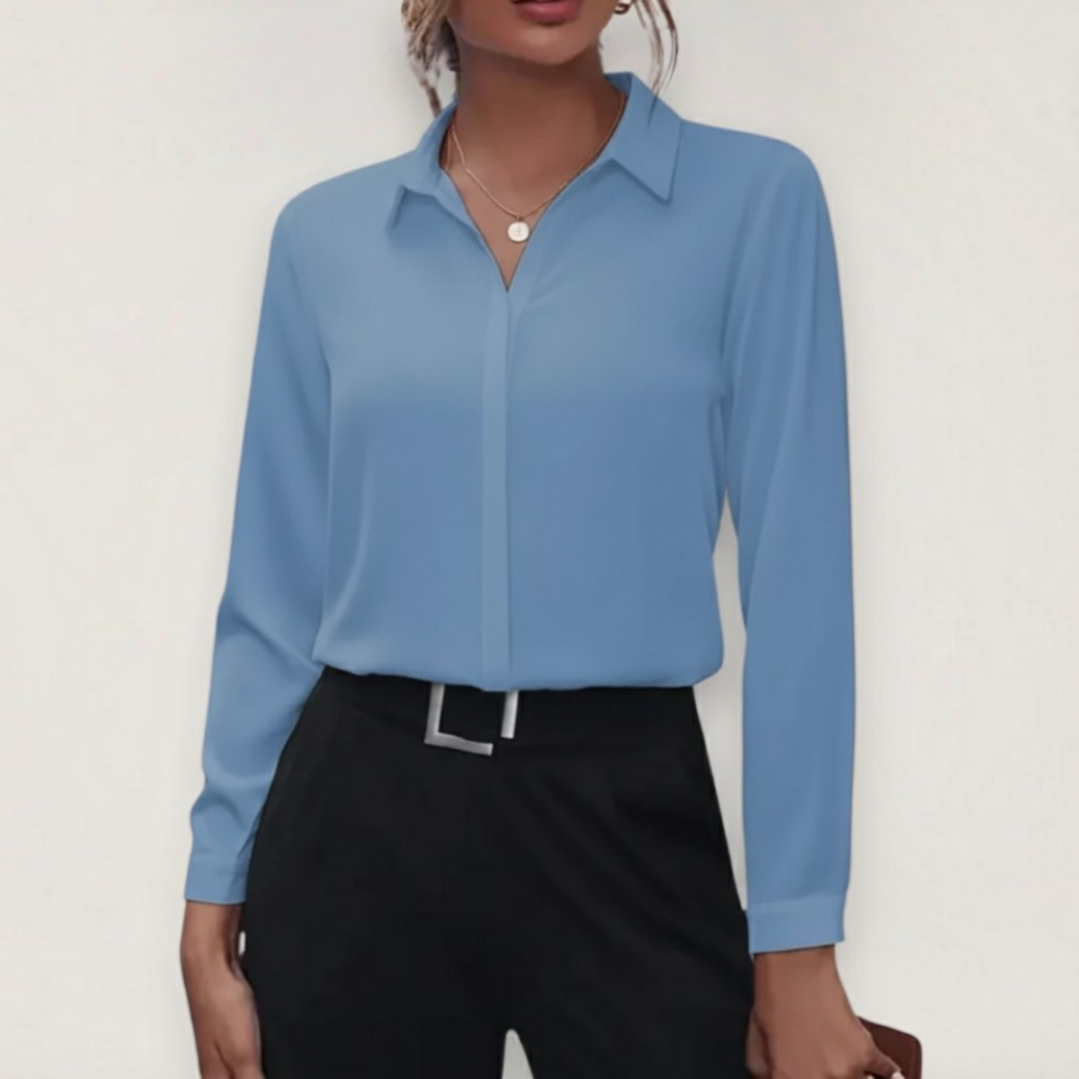 Button-Up Blouse with Classic Collar and Tapered Waist, Machine Washable