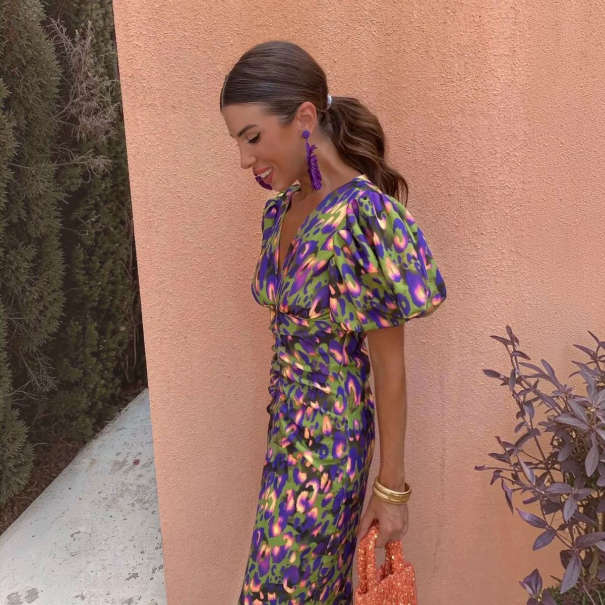 Puff Sleeve Printed Dress with Lightweight Fabric and A-Line Fit, Knee Length