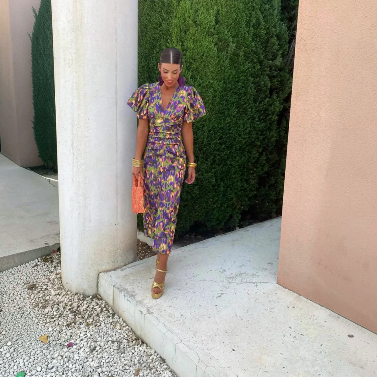 Puff Sleeve Printed Dress with Lightweight Fabric and A-Line Fit, Knee Length
