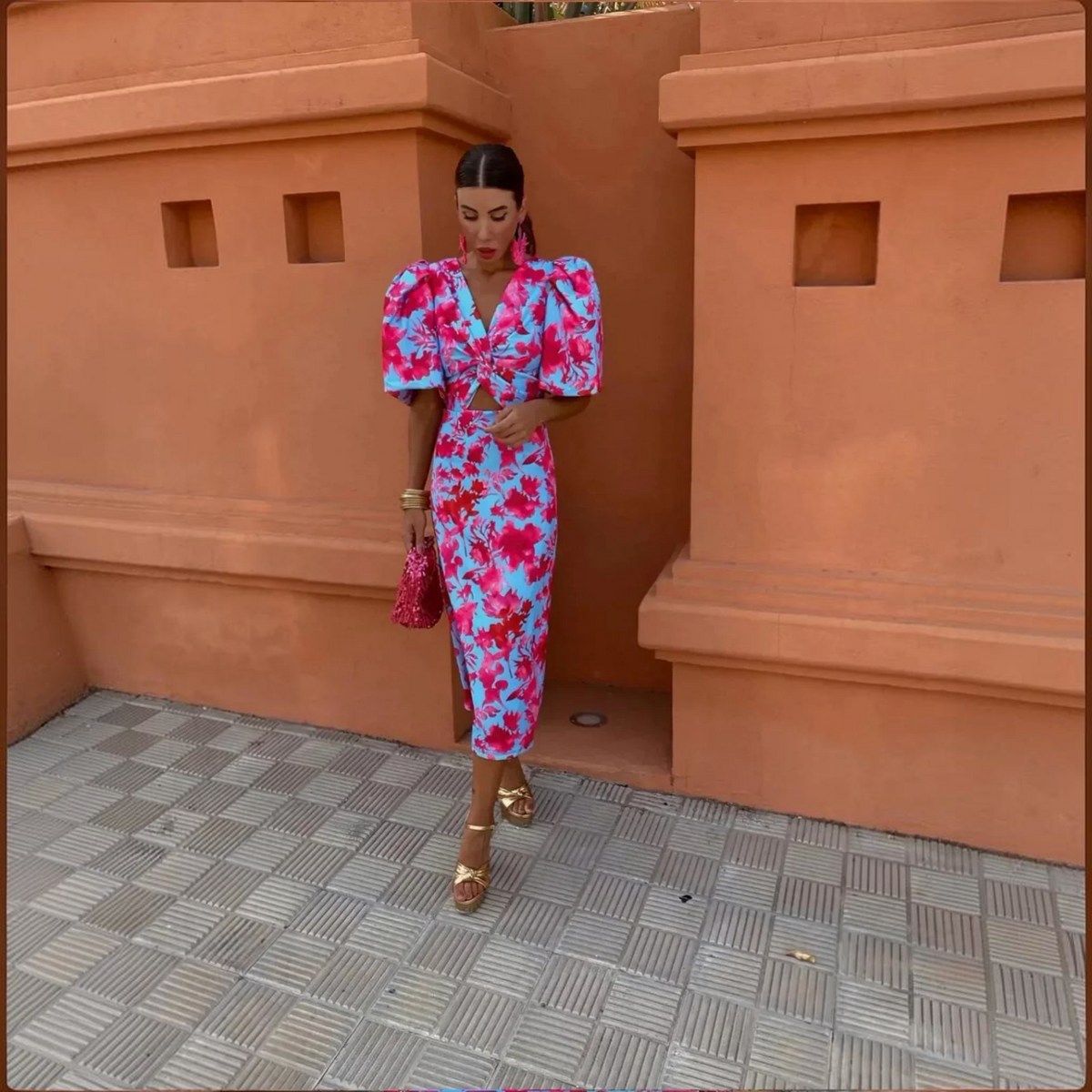 Puff Sleeve Printed Dress with Lightweight Fabric and A-Line Fit, Knee Length